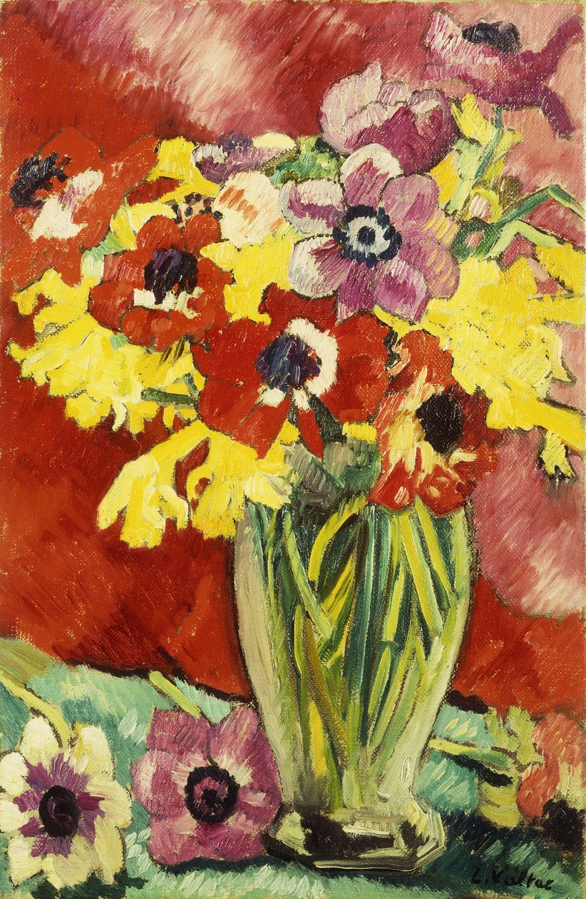 Krystallvase med anemoner og påskeliljer; Vase Cristal, Anemones og Jonquilles av Louis Valtat