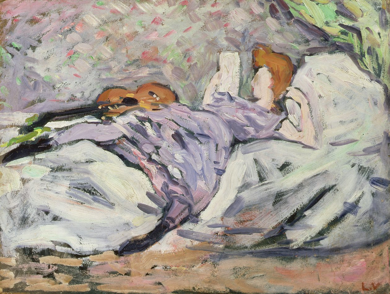 Tilbakelent kvinne leser (olje på lerret) av Louis Valtat