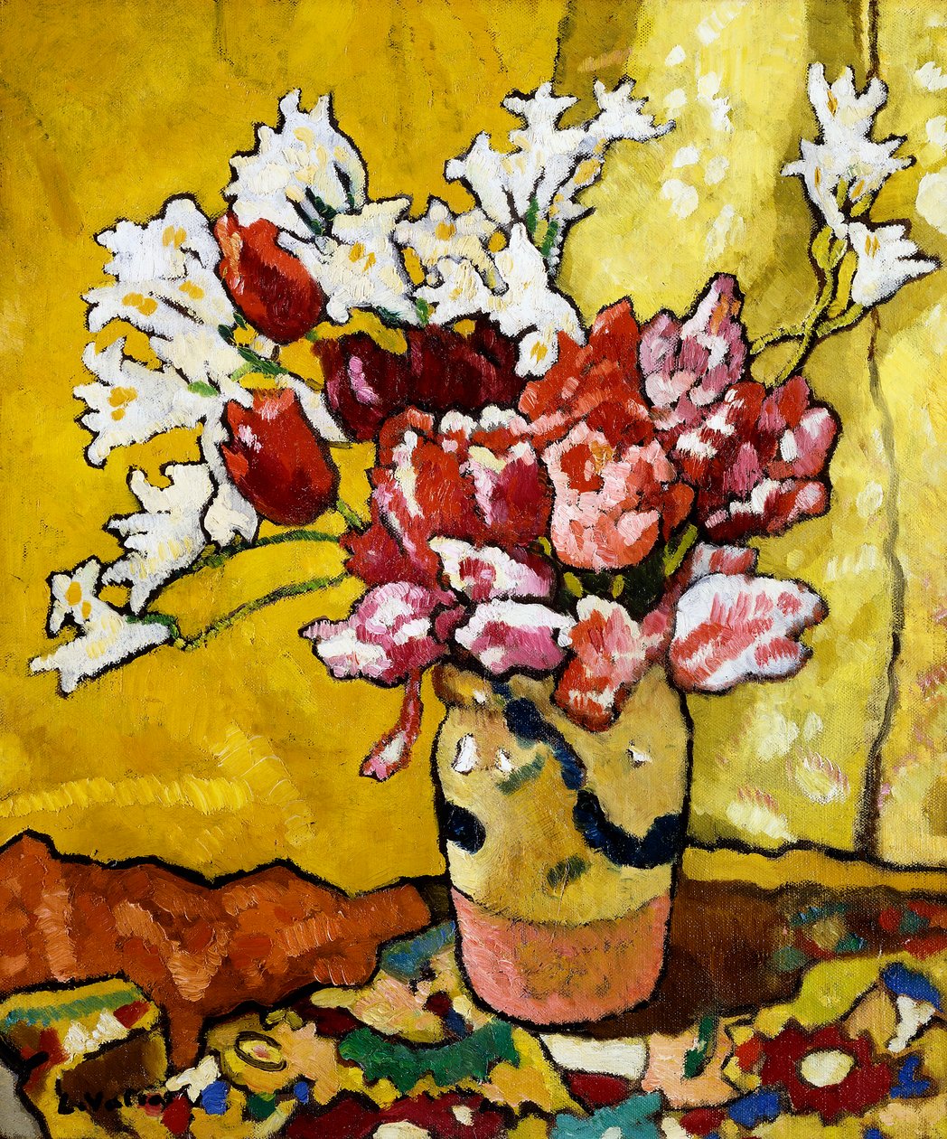 Vase, tulipaner og hvite blomster av Louis Valtat