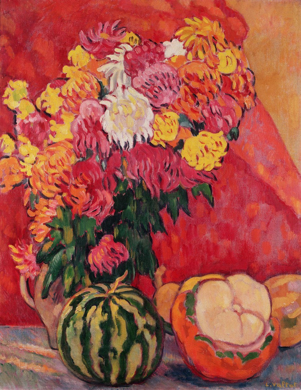 Vase av geranier med meloner av Louis Valtat