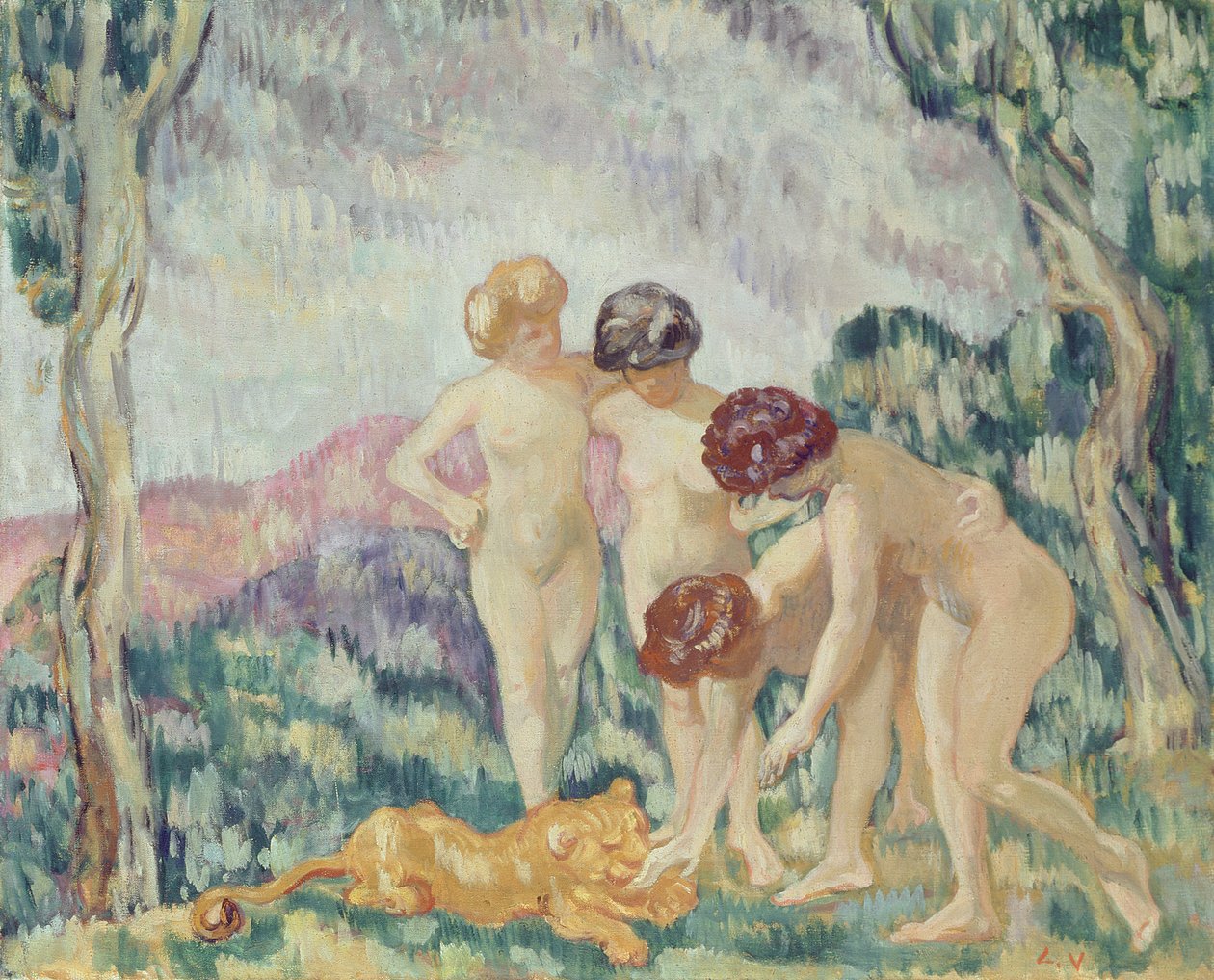 Unge jenter leker med en løveunge, ca. 1905-06 (olje på lerret) av Louis Valtat