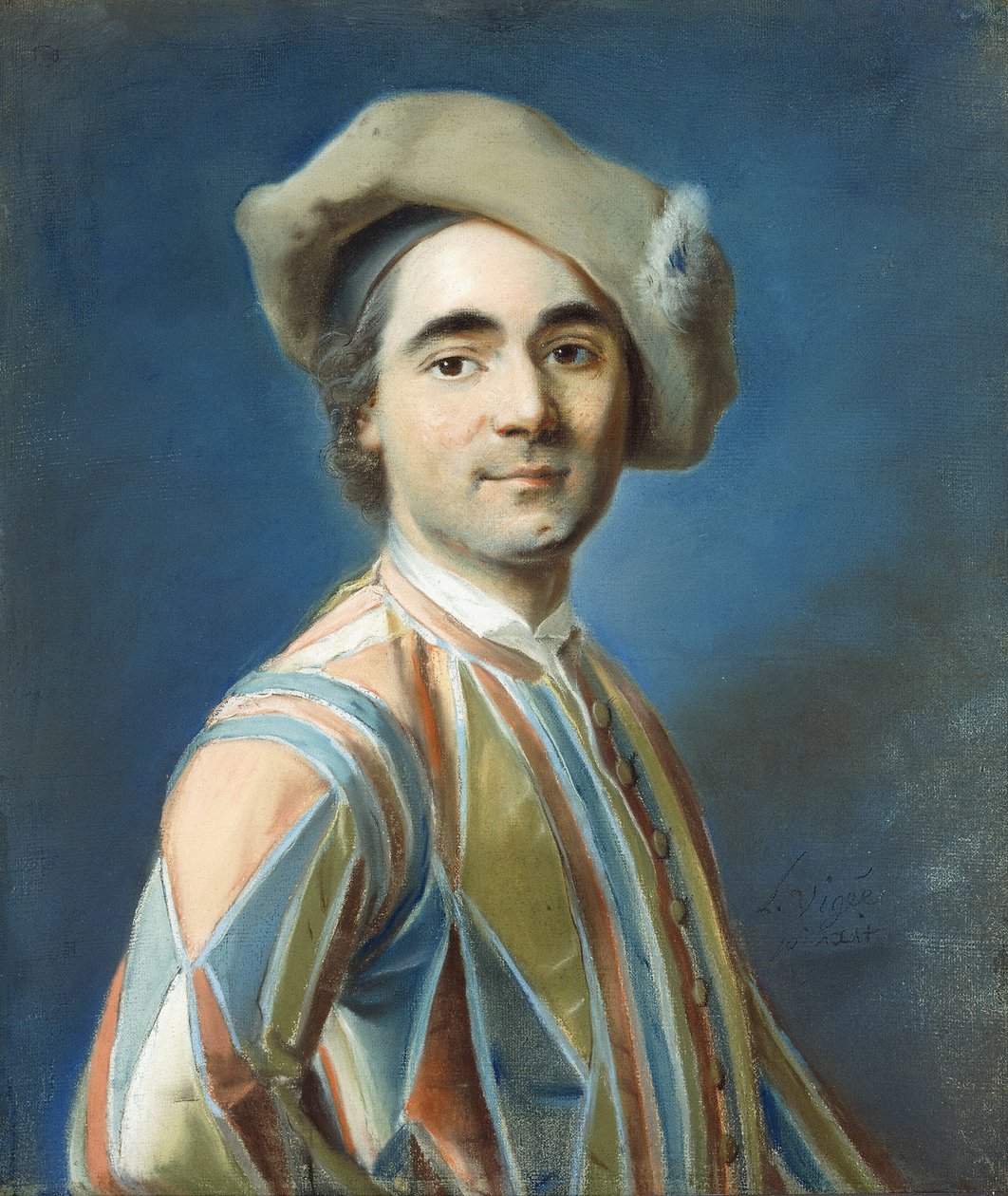 Et portrett av en skuespiller som Arlequin, av Louis Vigee