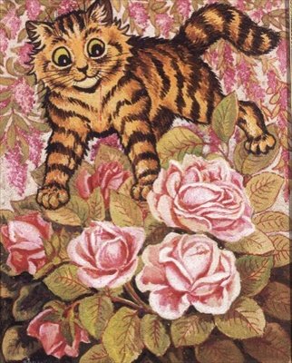En kattunge som gjemmer seg i en rosebusk av Louis Wain