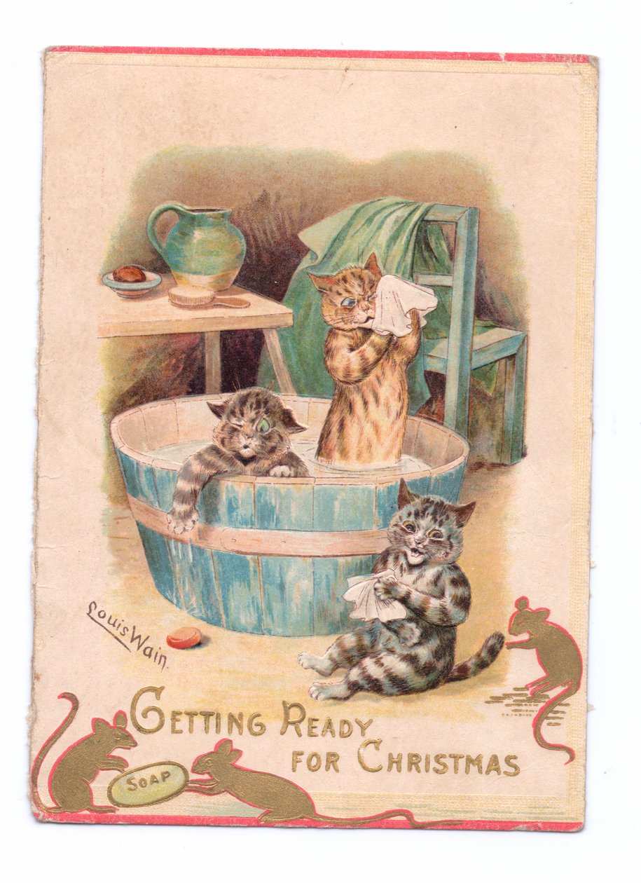 Et viktoriansk julekort med to katter i et badekar mens to mus leker med en såpe, ca. 1880 av Louis Wain