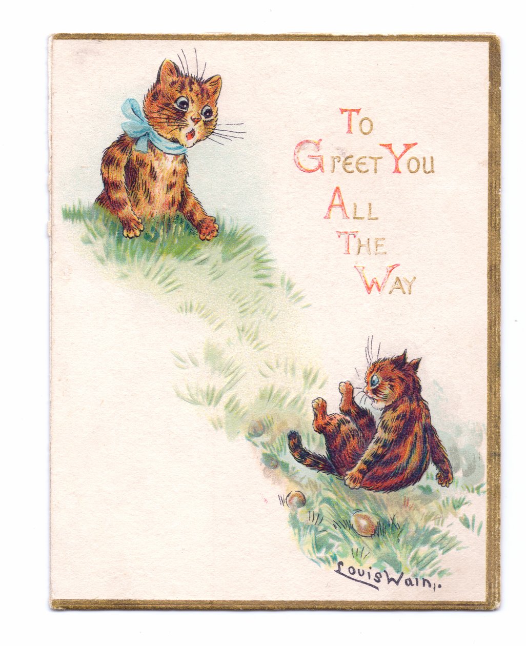Et viktoriansk gratulasjonskort av to katter, den ene faller og den andre ser skremt ut, ca. 1880 av Louis Wain