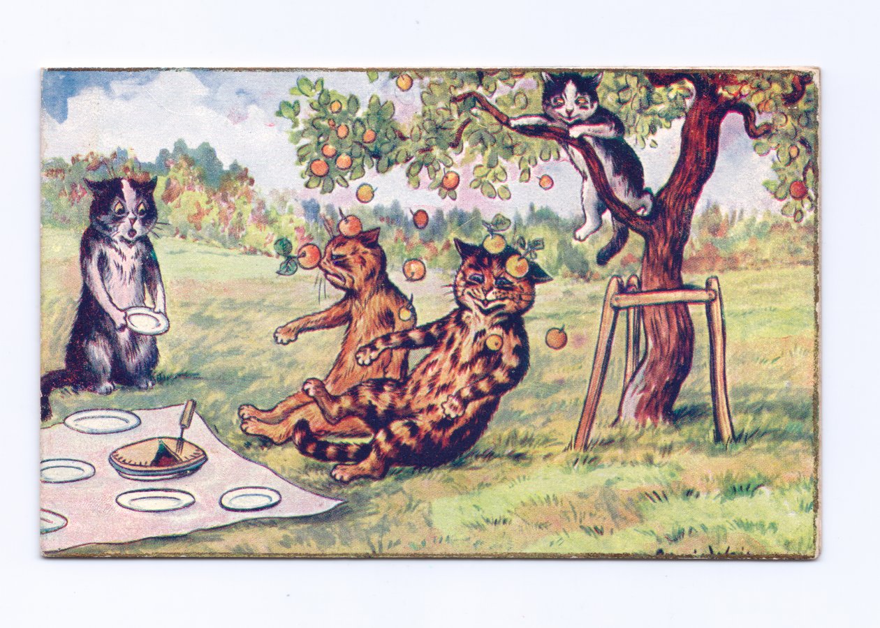Et viktoriansk gratulasjonskort med eple som faller på to katter på en piknik, ca. 1880 av Louis Wain