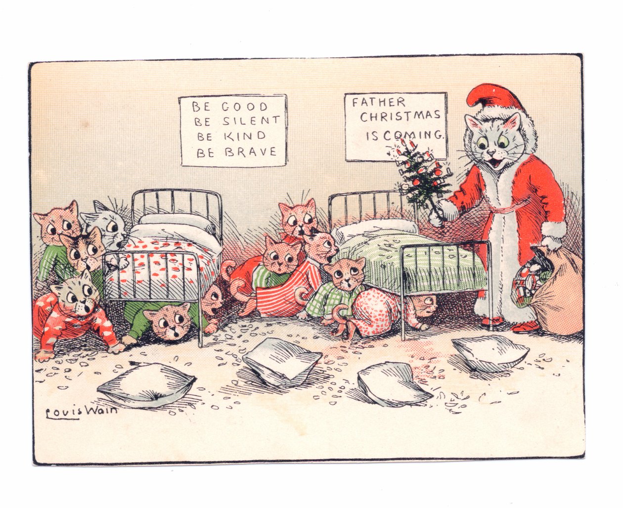 Et viktoriansk gratulasjonskort med kattunger som kryper sammen i frykt ved synet av en katt kledd som julenissen, ca. 1880 av Louis Wain