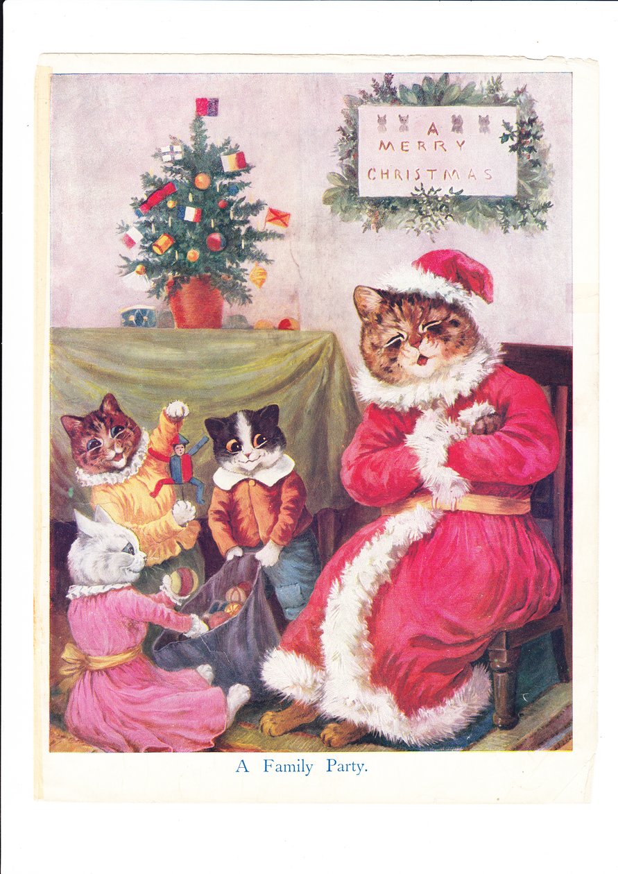 Et trykk av en katts julefest av Louis Wain med en antropomorfisert farkatt kledd som julenissen omgitt av små katter og et juletre, ca. 1890 (farge litho) av Louis Wain