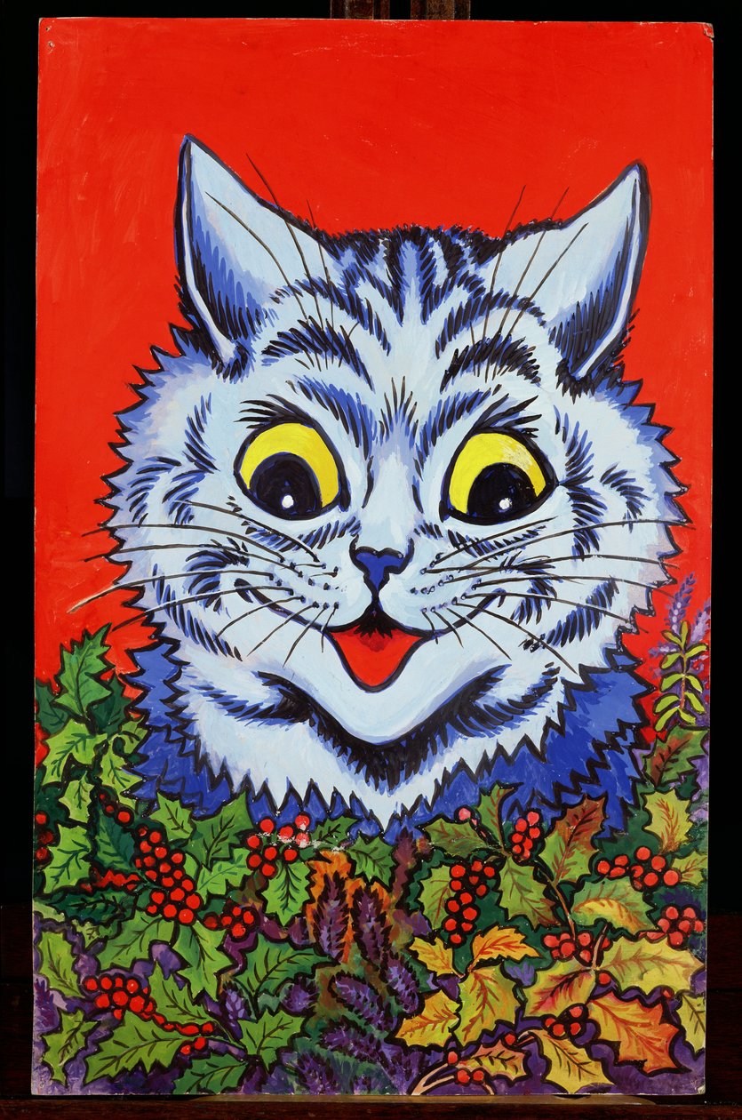 Katt i Holly (gouache) av Louis Wain