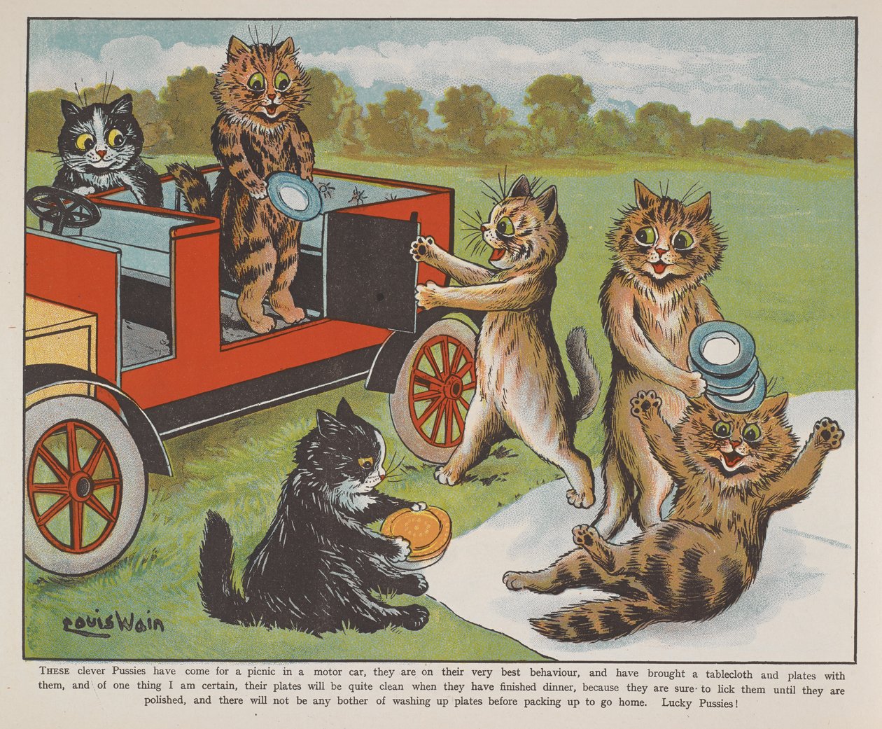 Katter forbereder seg til en piknik. av Louis Wain
