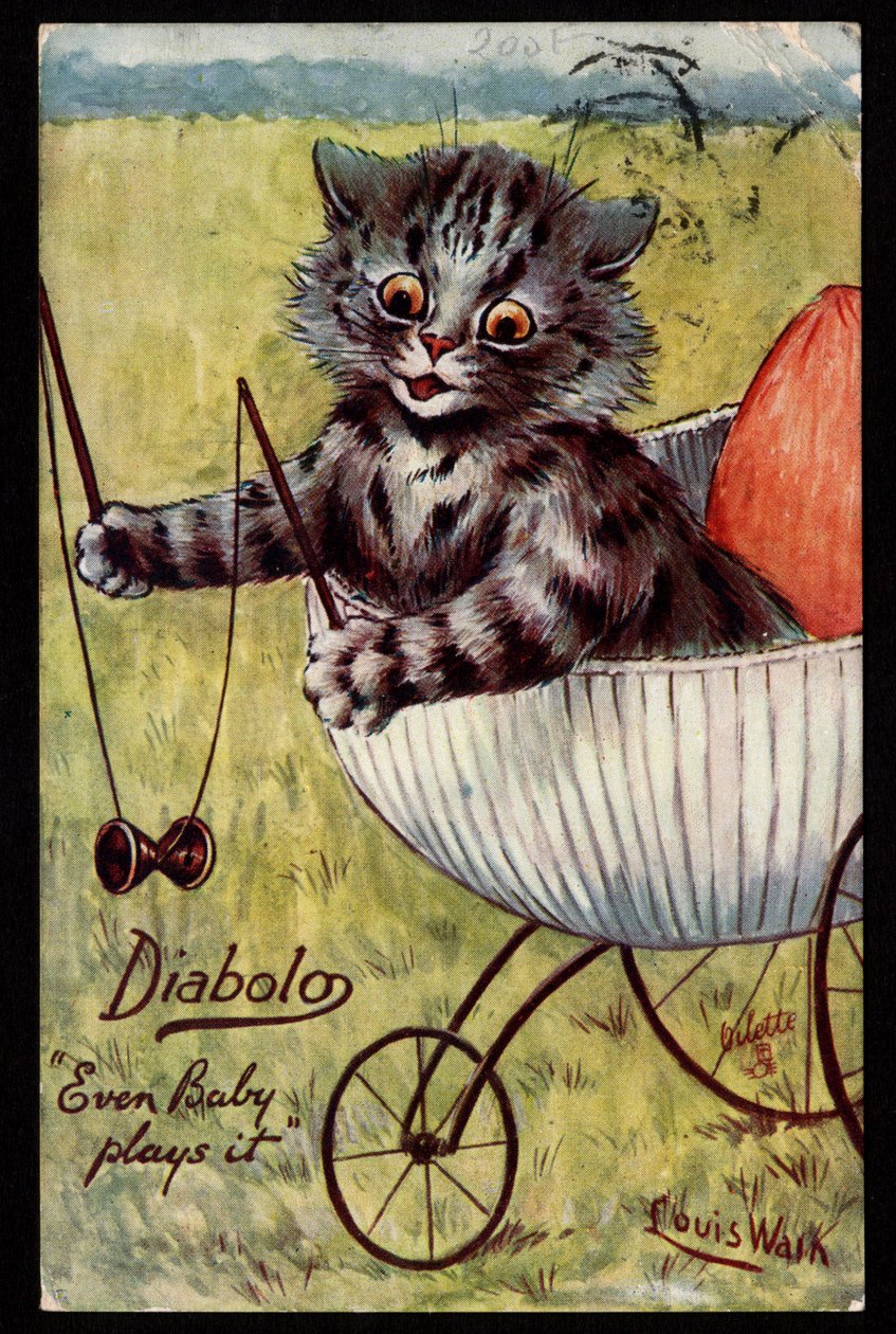 Diabolo. Til og med babyen spiller det. Dyr i menneskelig holdning. Kattunge leker med en diabolo i vuggen. Postkort. Kromolitografi av Louis Wain (1860-1939), en engelsk kunstner kjent for sin skildring av katter med store øyne. Begynnelsen av det 20 av Louis Wain
