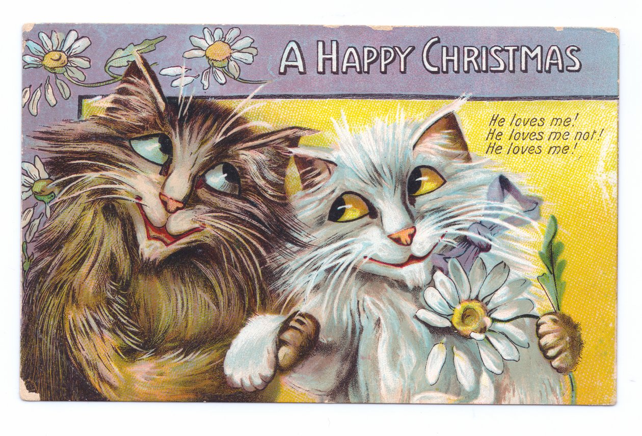 Edwardiansk julepostkort av to kjærlige katter, ca. 1910 av Louis Wain