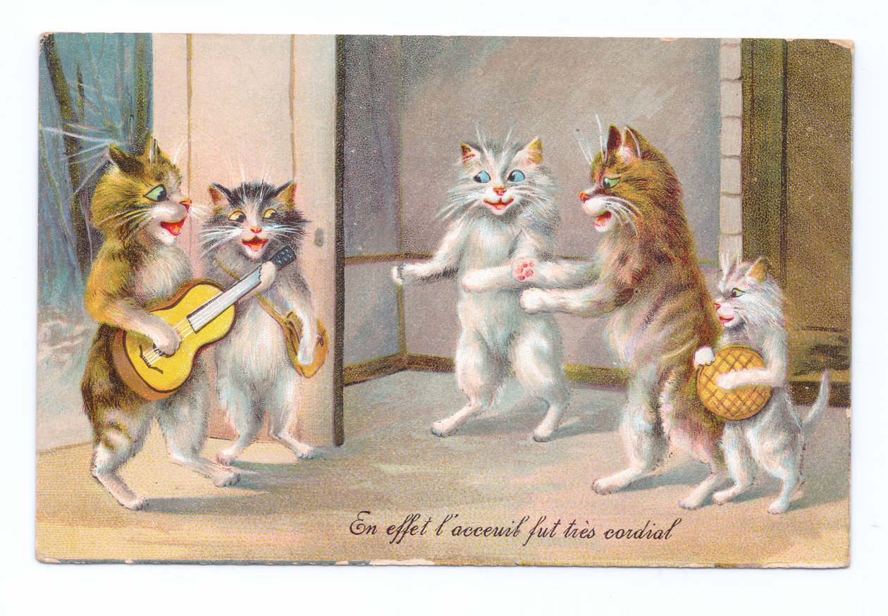 Edwardiansk postkort av en katt som spiller gitar med tre andre katter og en kattunge, ca. 1910 av Louis Wain