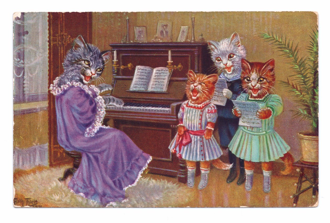 Edwardiansk postkort med fire katter iført menneskelige klær rundt et piano med en sang, ca. 1910 av Louis Wain