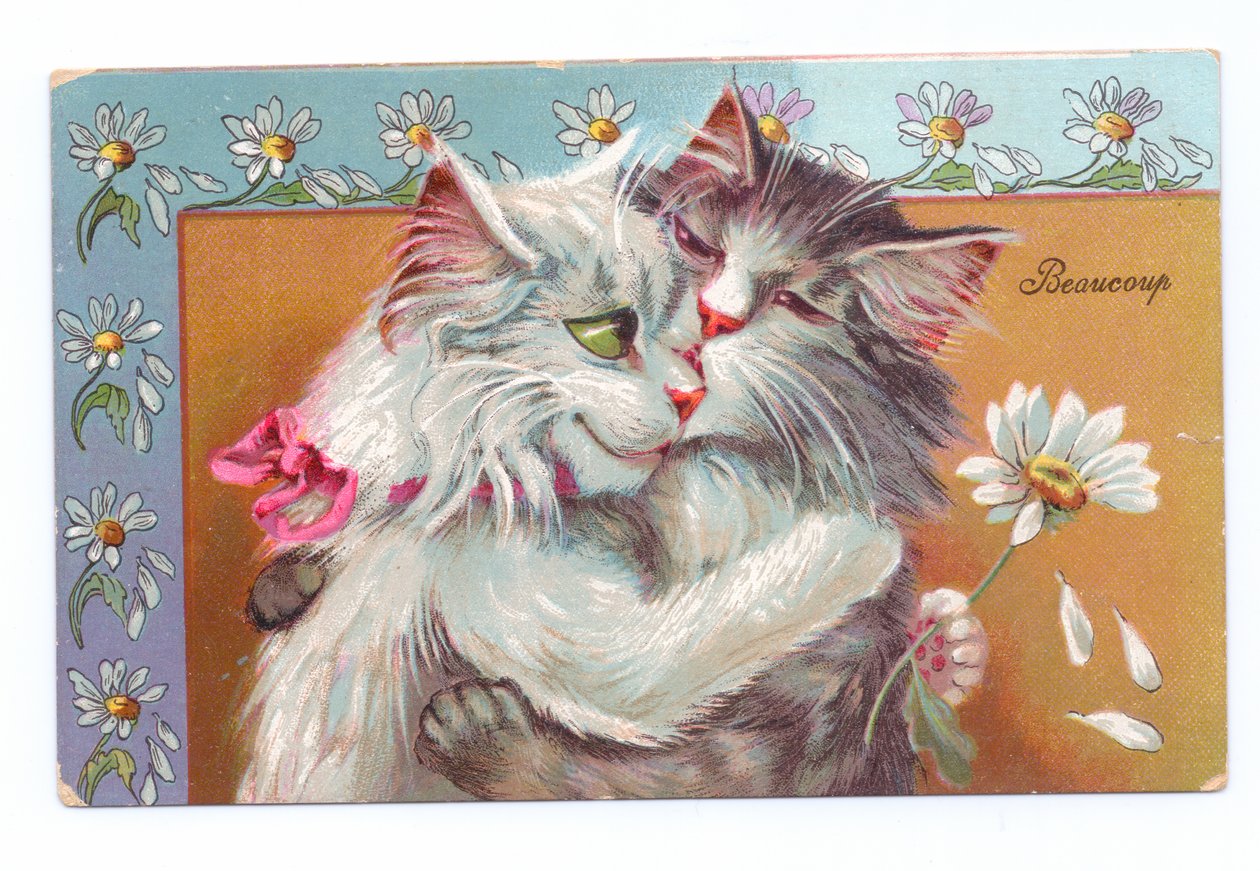 Edwardiansk postkort av to katter som klemmer hverandre, ca. 1910 av Louis Wain