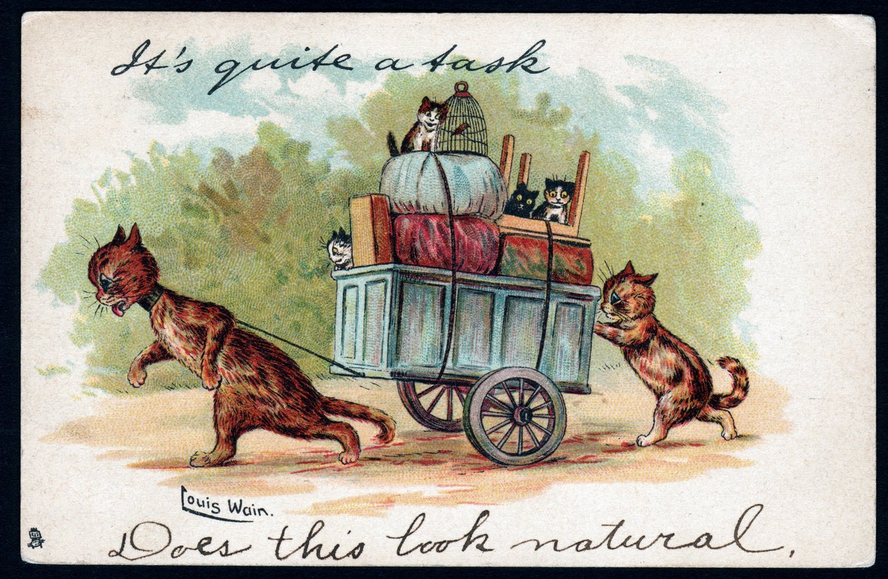 Det er litt av en oppgave, ser dette naturlig ut. Dyr i menneskelig holdning. Katter som trekker en vogn med kattungene sine og de bevegelige tingene i den. Postkort. Kromolitografi av Louis Wain (1860-1939), anglakunstner av Louis Wain