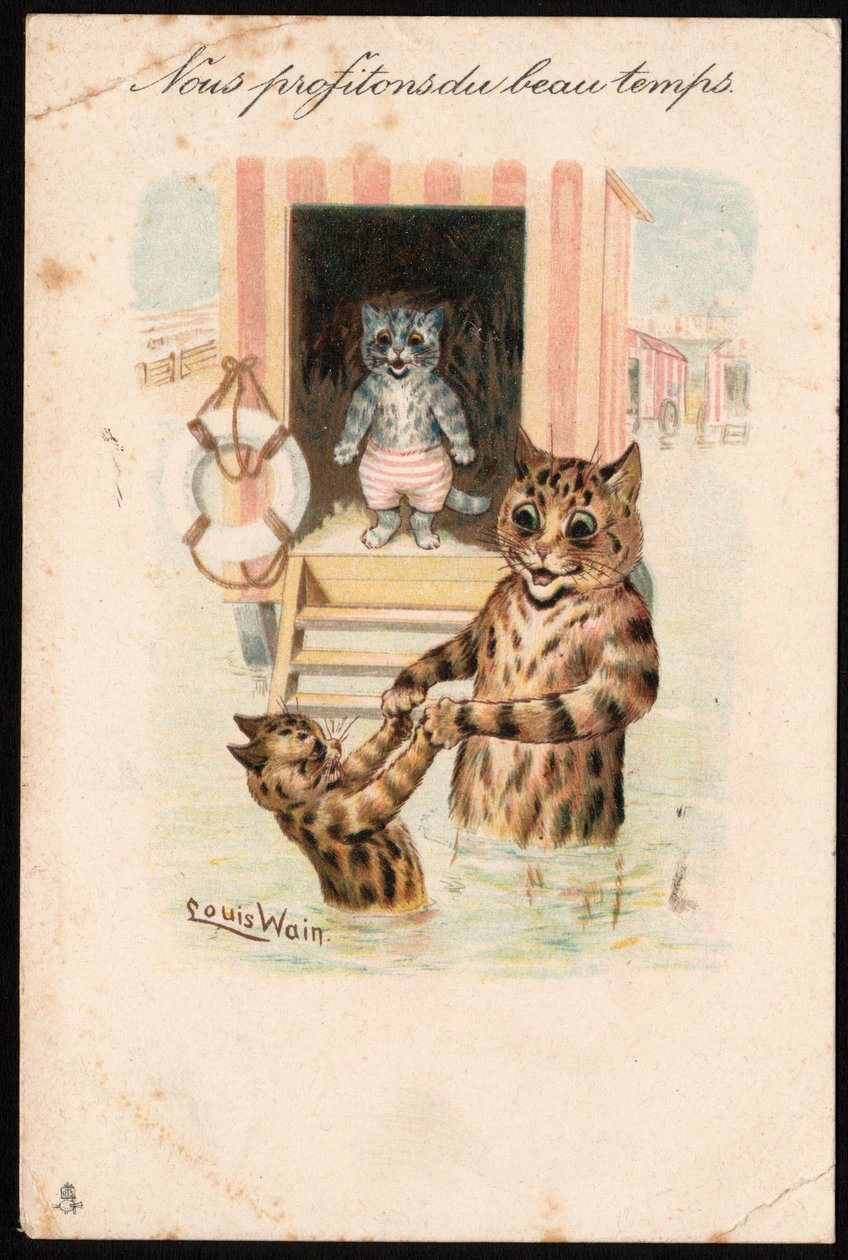 Vi utnytter godværet. Dyr i menneskelig holdning. Katte sjøbad på ferie. Postkort. Kromolitografi av Louis Wain (1860-1939), en engelsk kunstner kjent for sin skildring av katter med store øyne. Begynnelsen av det 20. århundre. Halsbånd av Louis Wain