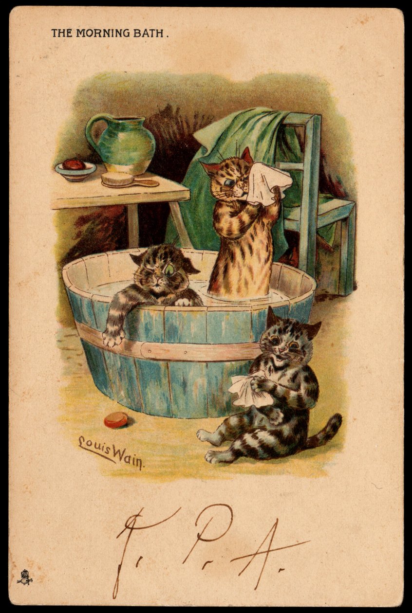 Morgenbadet. Dyr i menneskelig holdning. Katter som bader i et basseng. Postkort. Kromolitografi av Louis Wain (1860-1939), en engelsk kunstner kjent for sin skildring av katter med store øyne. Begynnelsen av det 20. århundre. Samle inn av Louis Wain