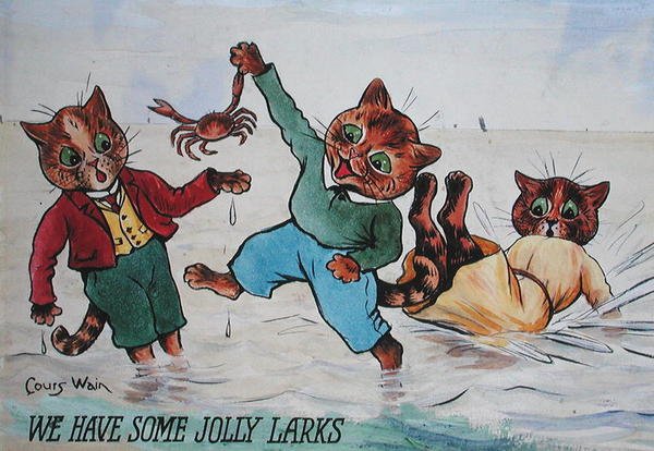 Vi har noen Jolly Larks (akvarell og kroppsfarge på papir) av Louis Wain