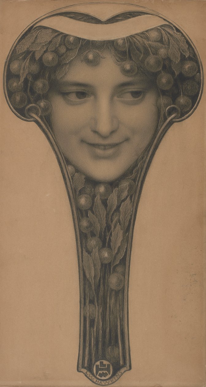 Masque, ca. 1900 (svart kritt og blyant på lysebrunt papir) av Louis Welden Hawkins