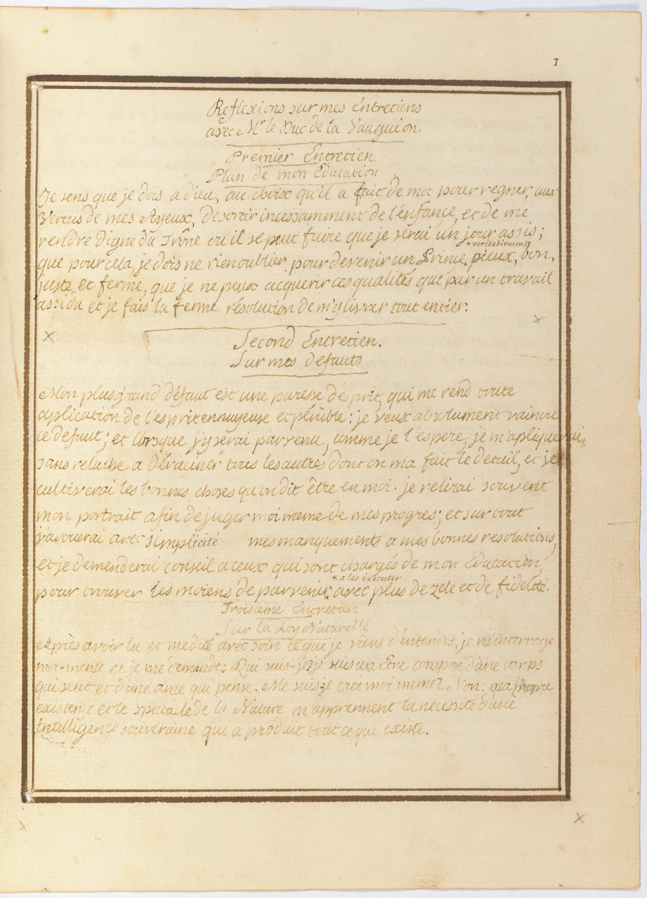 "Refleksjon over mitt intervju med Mr. le Duc de la Vauguyon", autografmanuskript, januar 1767 til tidlig 1769 av Louis XVI