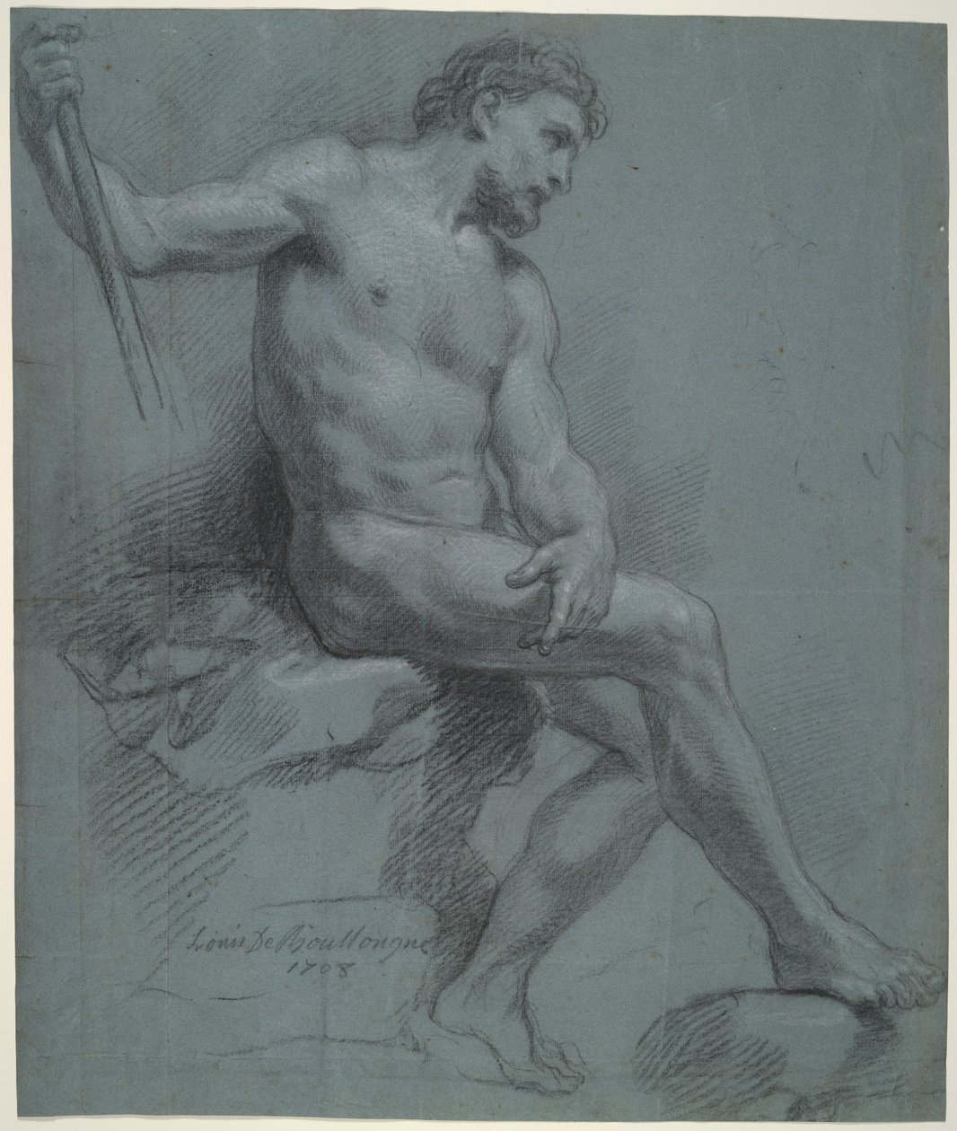 Sittende mann naken i profil av Louis de Boullogne the Younger