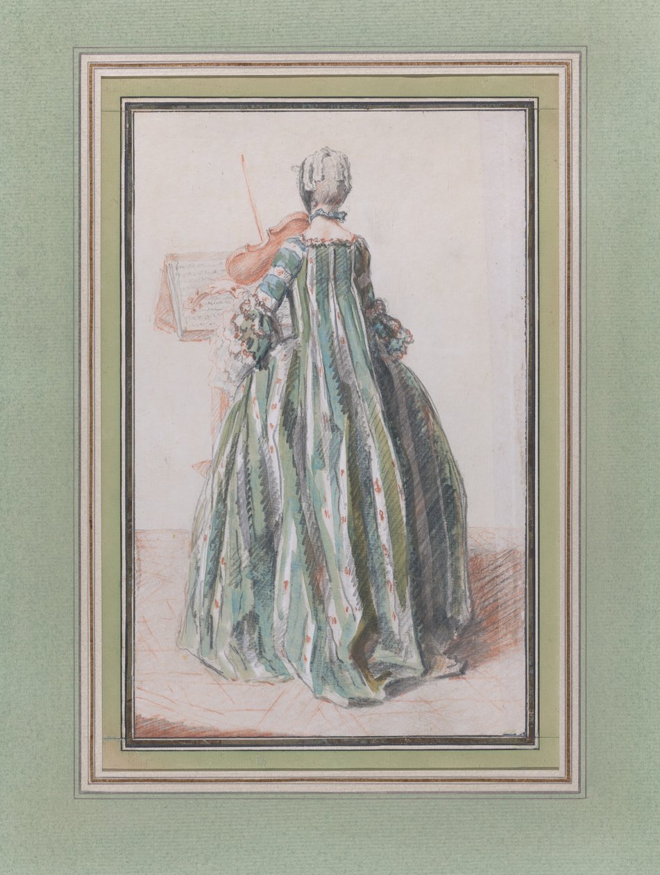 Kvinne som spiller fiolin, sett fra baksiden, ca. 1758-59. av Louis de Carmontelle