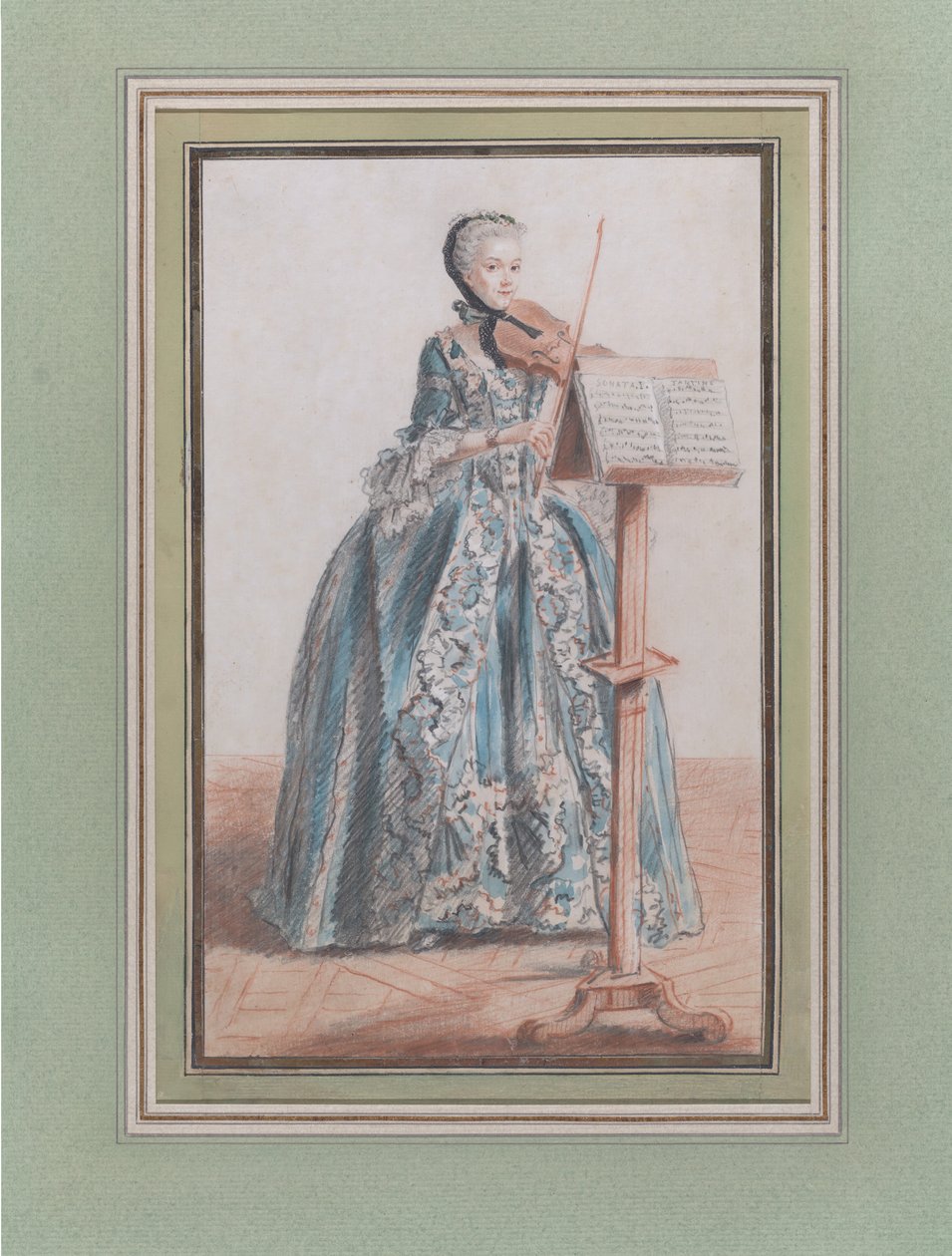 Kvinne som spiller fiolin, sett forfra, ca. 1758-59. av Louis de Carmontelle