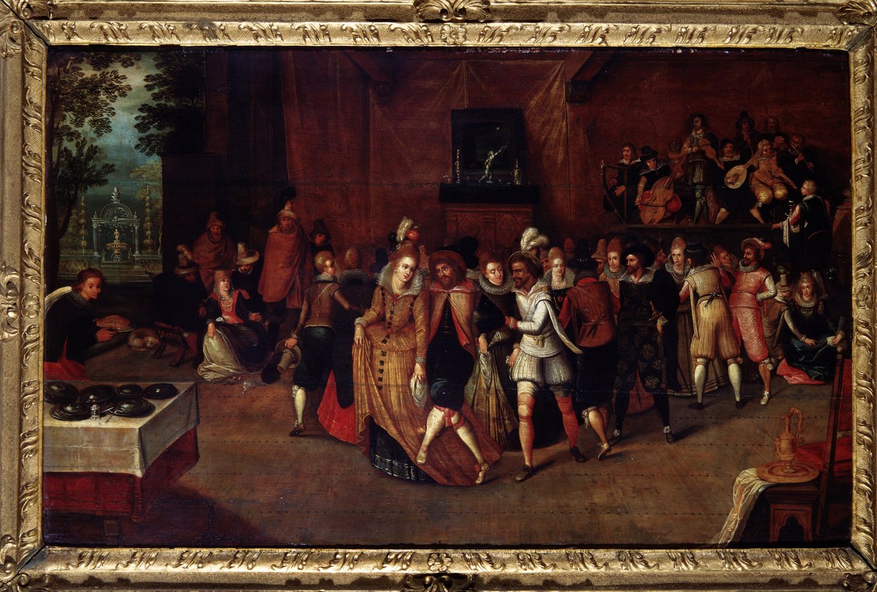 Ball på Henry IIIs tid, tidligere kalt "A fete at the court of Henry III", ca. 1580. Maleri tilskrevet Louis de Caulery (Caullery) (kjent som Mesteren av Book of Sketches of Leningrad) (ca. 1580) -ca. 1621). Slutten av 1500-tallet. Musee av Louis de Caulery