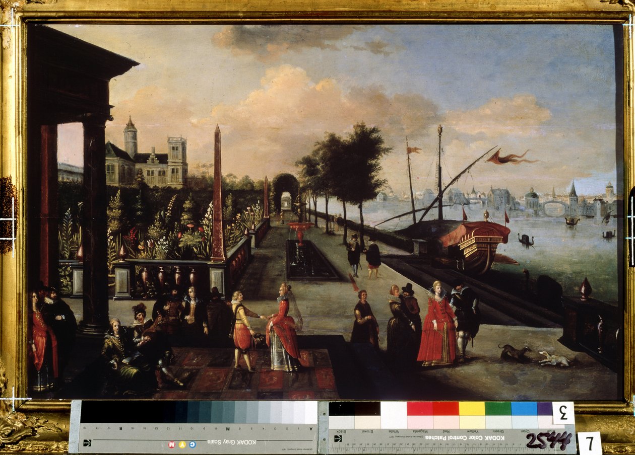 ""Promenaden langs sjøen"" Utsikt over en by sannsynligvis i Holland. Maleri av Louis de Cauley (kjent som Master of the Book of Sketches of Leningrad) (ca. 1580- etter 1621). Radishchev-museet fra 1600-tallet, Saratov, Russland av Louis de Caulery