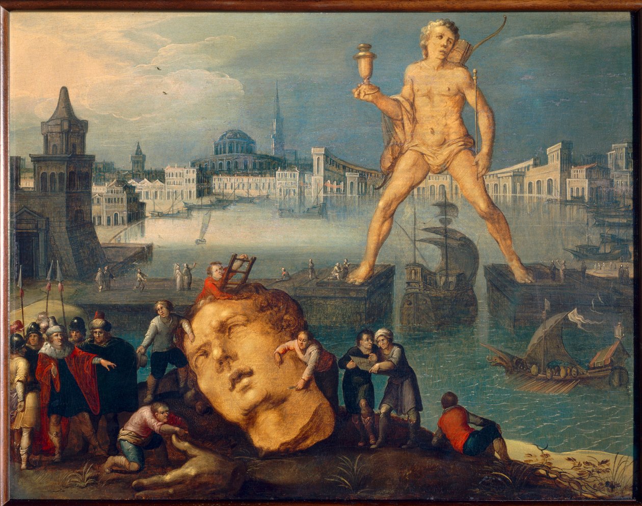 Seven Wonders of the World: "" The Colossus of Rhodes"" (Colosso di Rodi) Maleri av Louis de Caullery (kjent som Mesteren av Book of Sketches of Leningrad) (ca. 1580- etter 1621) 1600-tallets søn. 0,35x0,46 m av Louis de Caulery