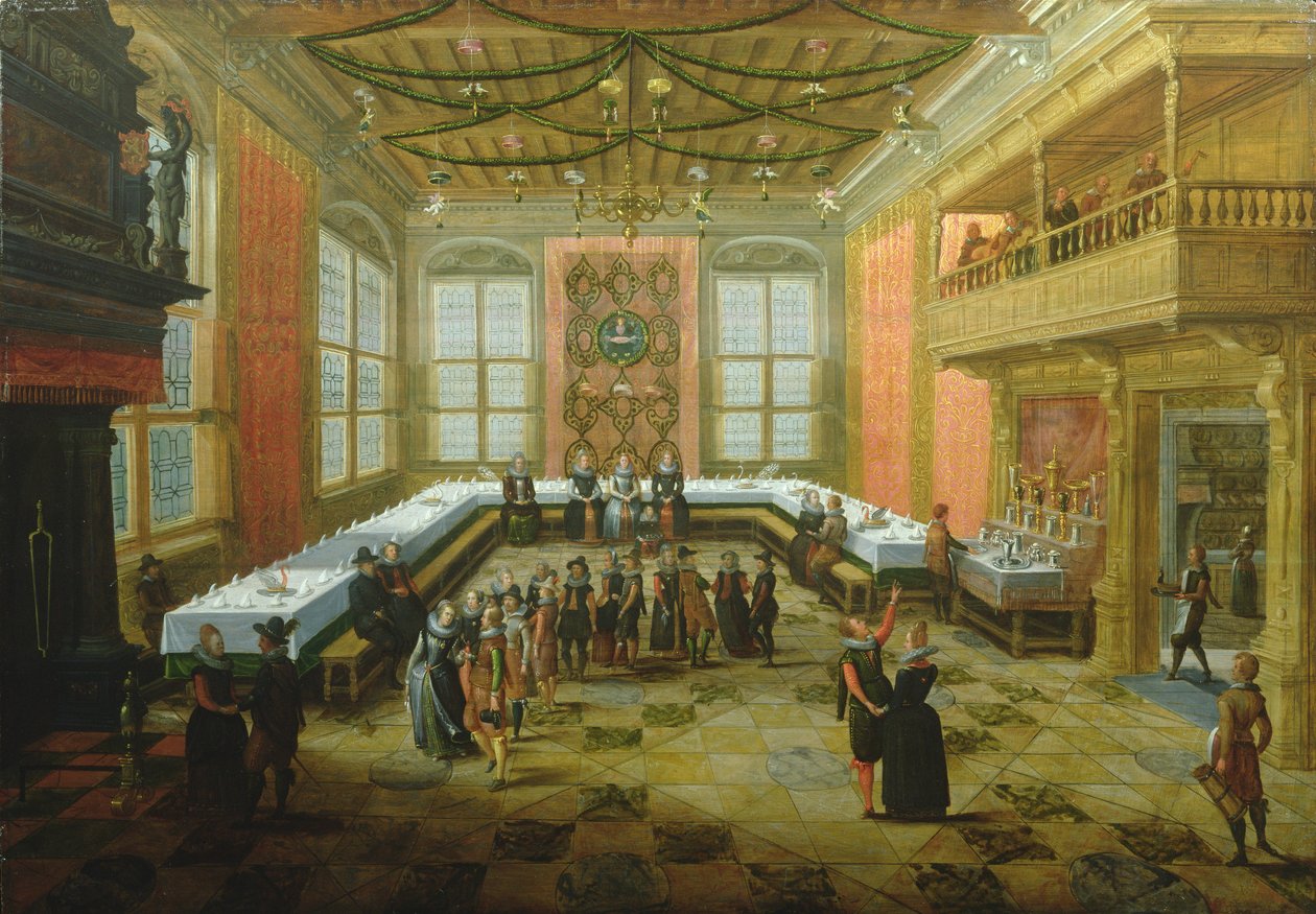 Elegante figurer samles i en bankettsal av Louis de Caullery