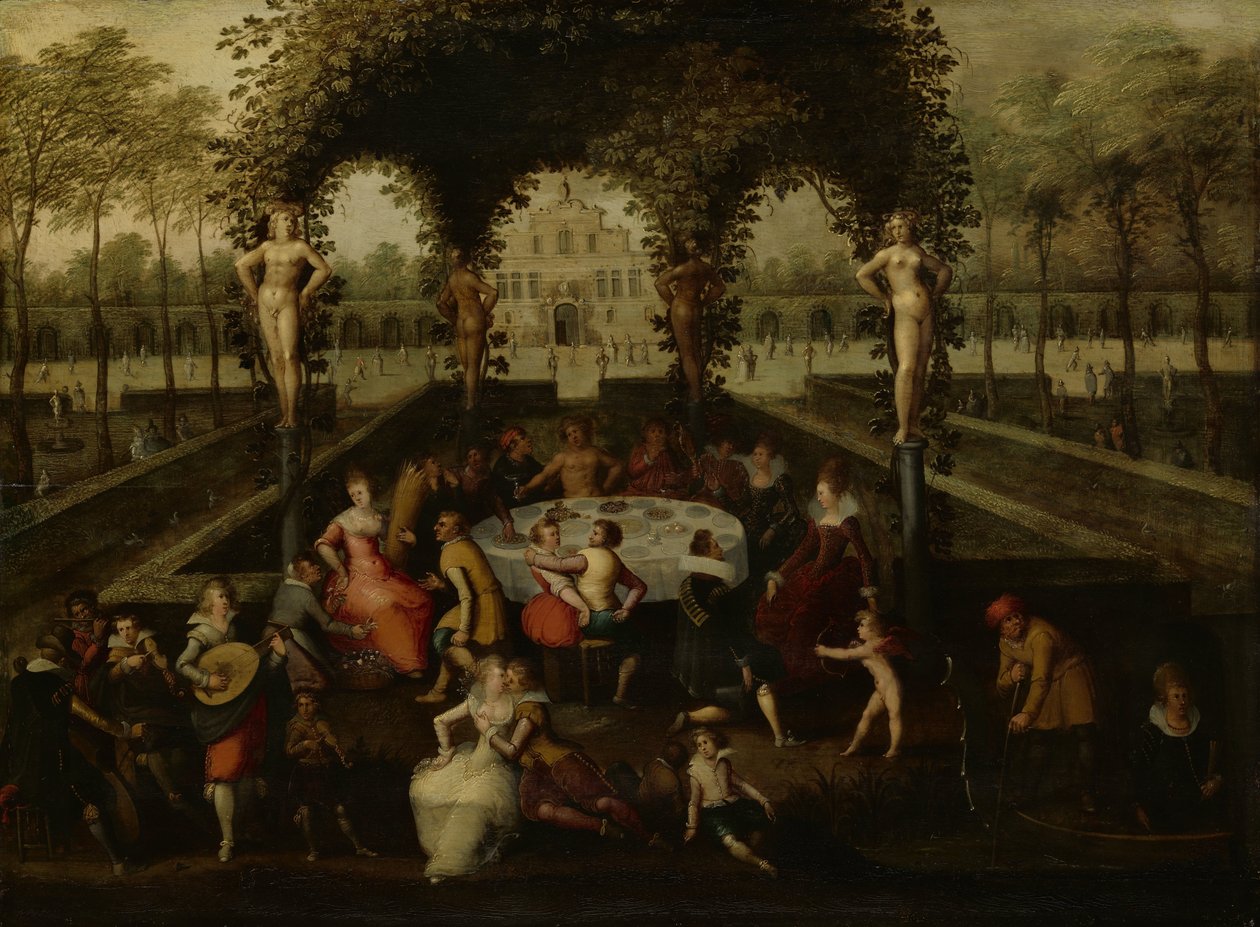 Venus, Bacchus og Ceres med dødelige i kjærlighetens hage av Louis de Caullery