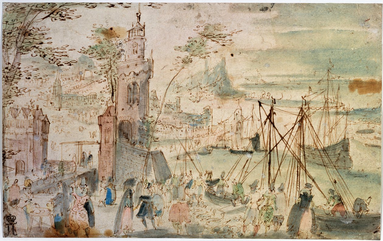 Utsikt over havnen, tidlig på 1600-tallet av Louis de Caullery