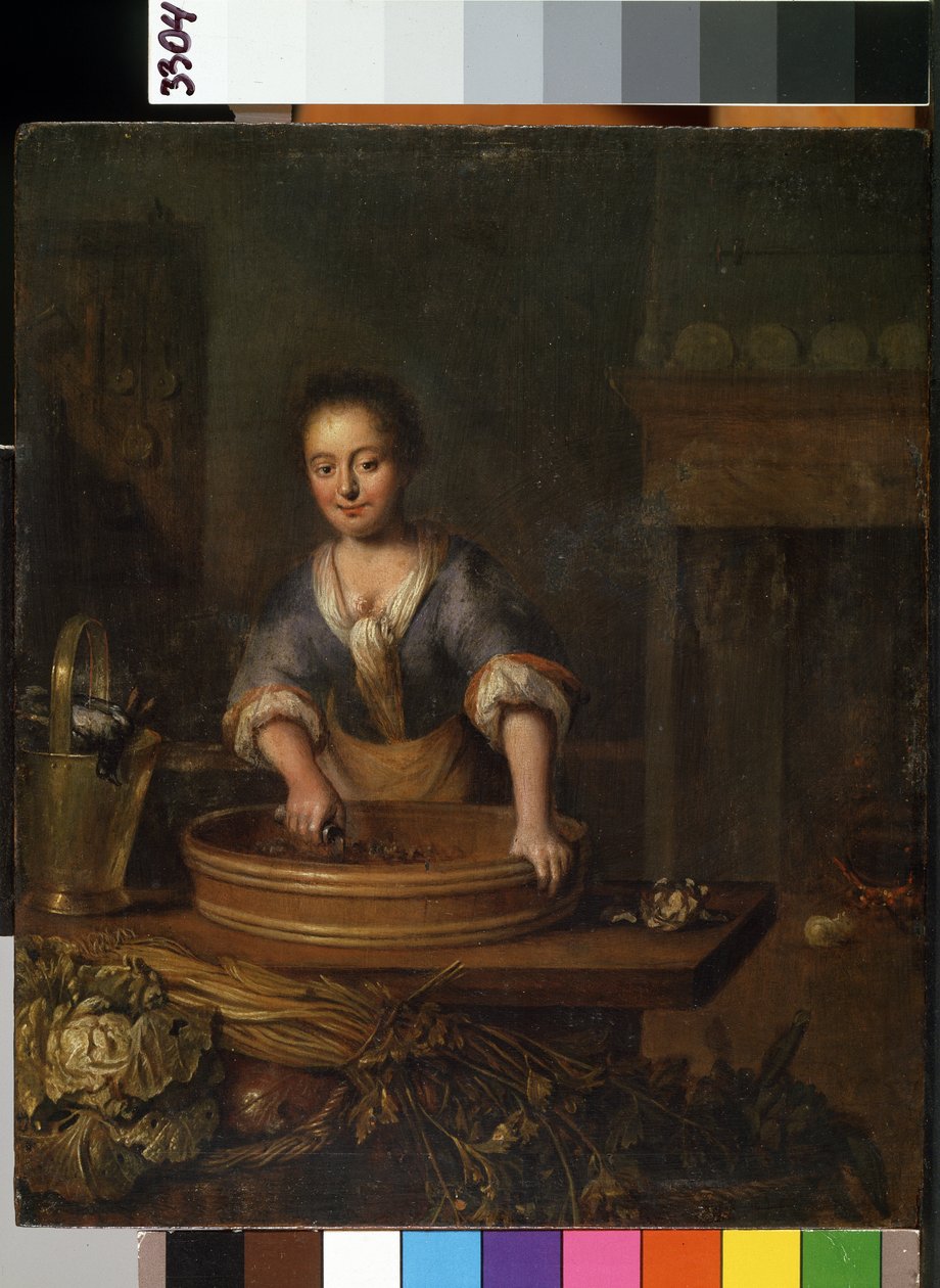 ""Kokken"" (Kokken) En ung kokk på et landkjøkken som tilbereder kål. Maleri av Louis de Moni (1698-1771) Mikalojus Konstantinas Ciurlionis kunstmuseum, Kaunas, Litauen av Louis de Moni