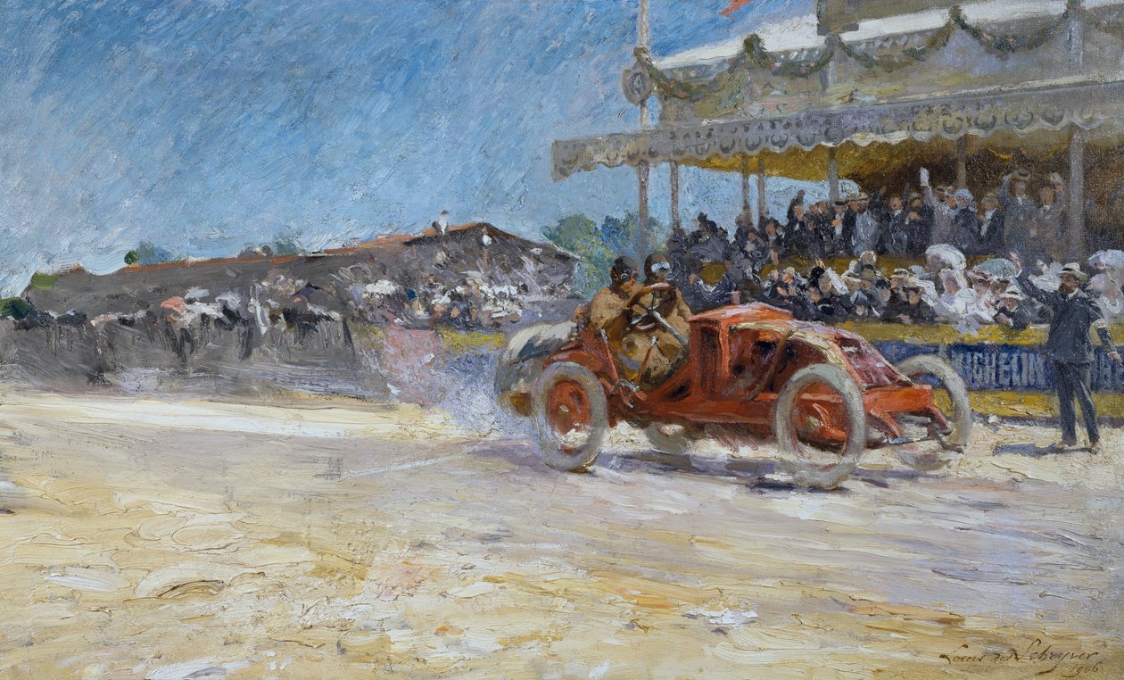 Første Grand Prix av Automobile Club de France i 1906, ankomst av vinneren, Compiegne, Frankrike, maleri av Louis-Marie de Schryver (1862-1942) av Louis de Schryver