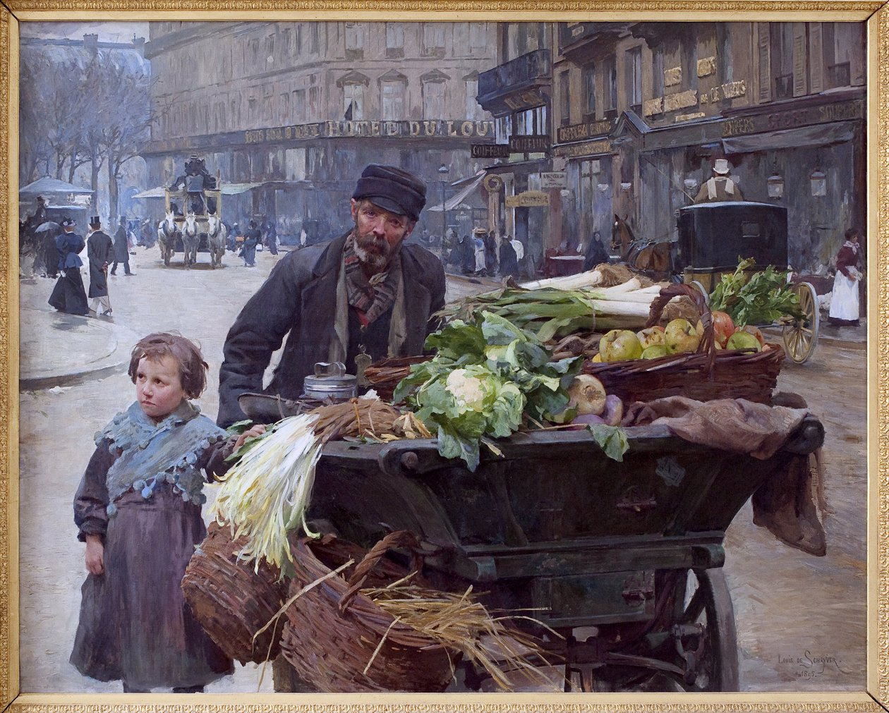 De fire årstidenes kjøpmann i Paris. Bak ham, Hotel du Louvre (1. arrondissement) maleri av Louis Marie de Schryver (1862-1942), olje på lerret av Louis de Schryver