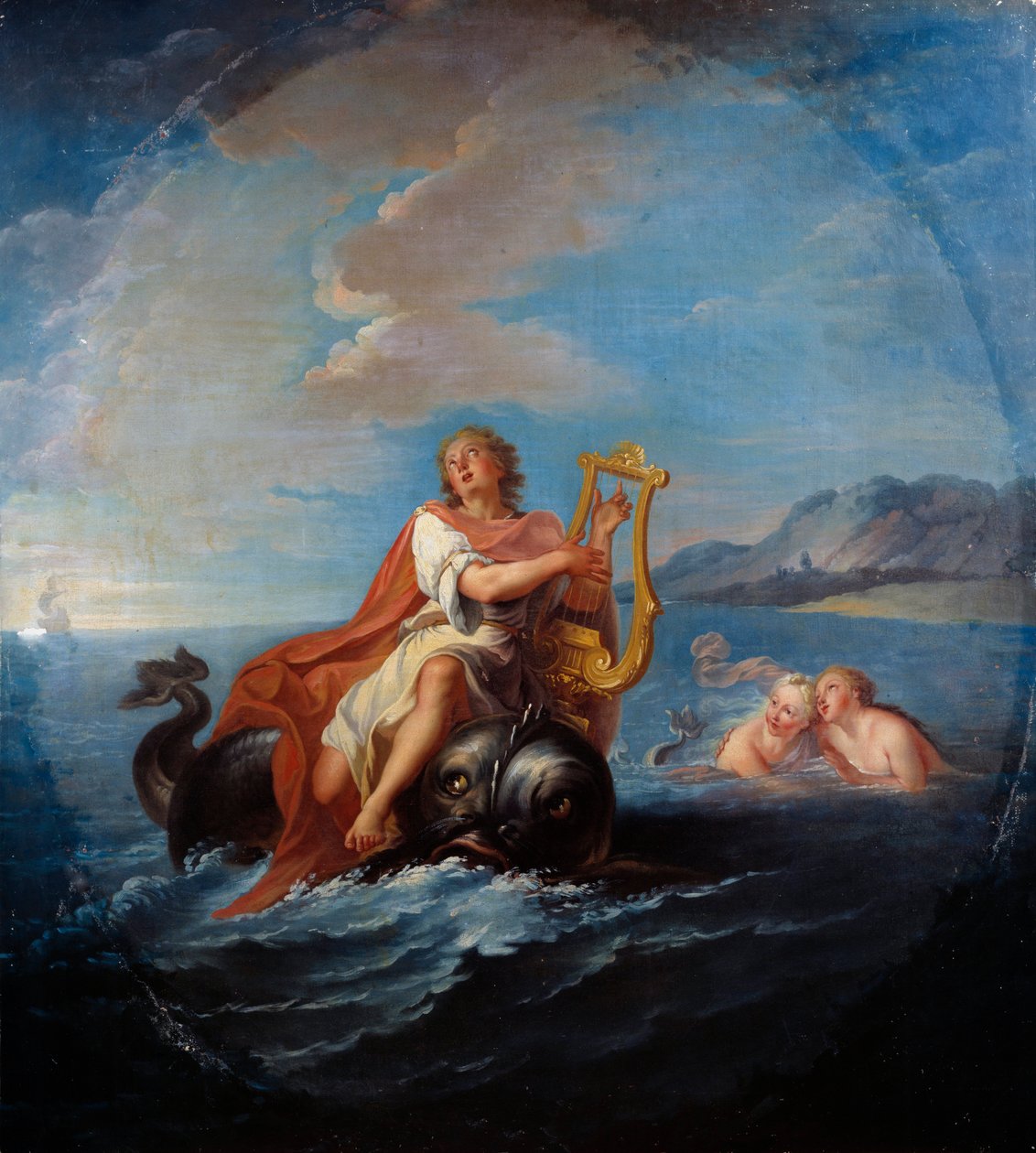 Arion spiller lyre. Arion de Methymne er en gresk poet fra det 7. århundre f.Kr. Maleri av Louis De Silvestre (1675-1760) av Louis de Silvestre