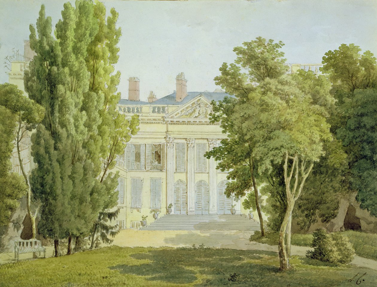 Utsikt over Maison de la Reine, Paris, 1811 (svart kritt og wc på papir) av Louise Cochelet