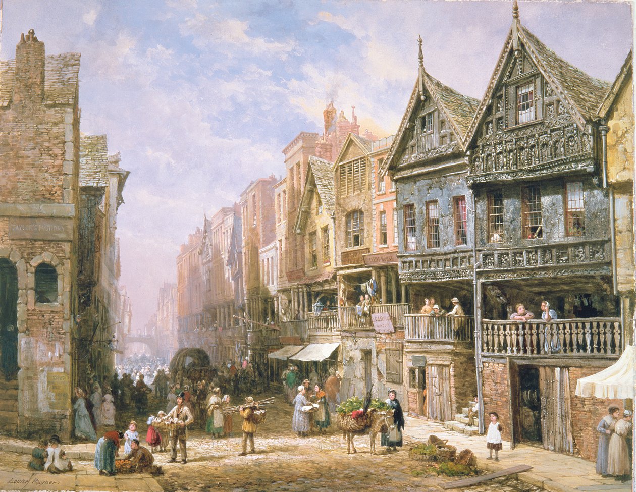 Watergate Street, med utsikt mot Eastgate, Chester, ca. 1870 av Louise Ingram Rayner