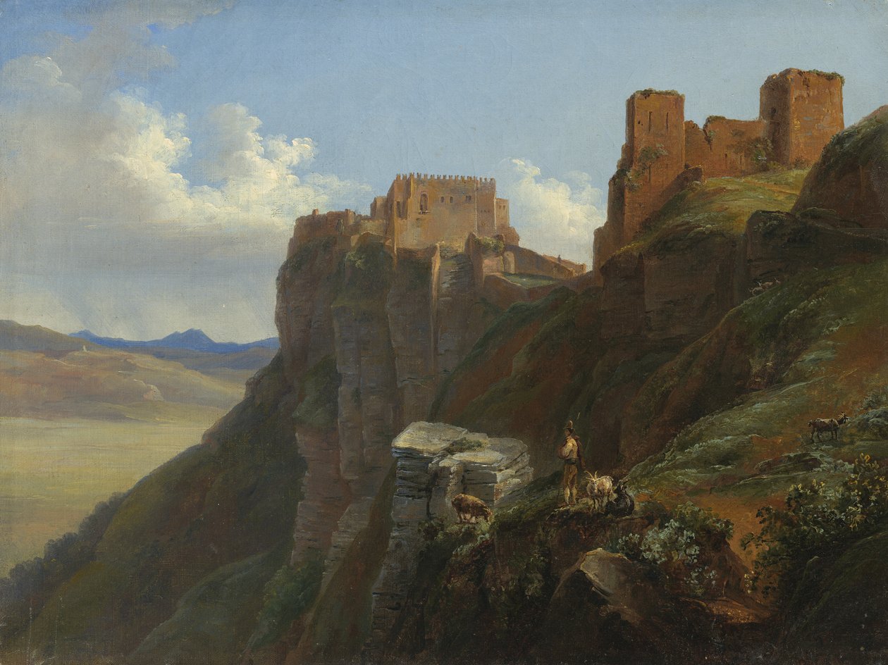 Utsikt over Castello di San Giuliano, nær Trapani, Sicilia, ca. 1824-6 av Louise Josephine Sarazin de Belmont