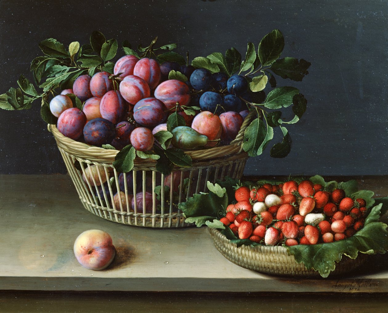 Kurv med plommer og kurv med jordbær, 1632 av Louise Moillon