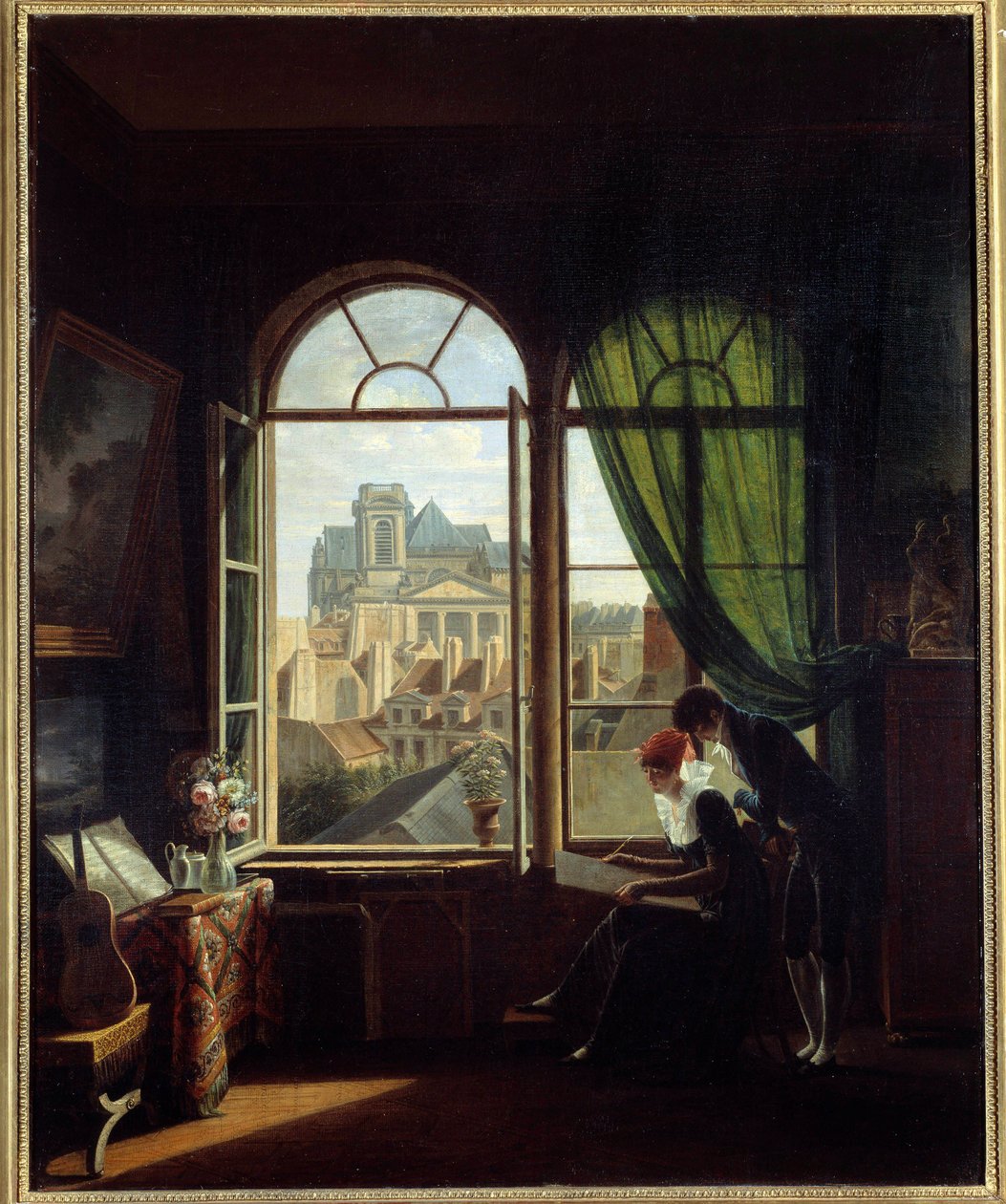 Kunstnerinteriør med utsikt over fasaden til LeGlise Saint Eustache i Paris”” Maleri av Louise Adeone Drolling (1797-1831) 1800-tallets søn. 0,72x0,58 m Paris, Musee Carnavalet av Louise Adeone Drolling