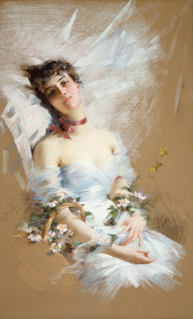 Liggende skjønnhet med kurver med blomster (pastell på papir) av Louise De Hem