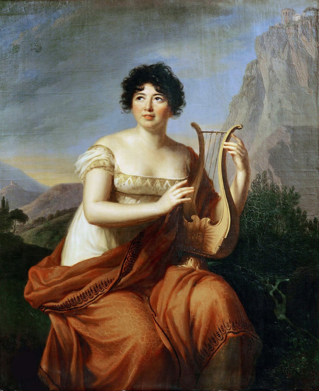Portrett av forfatteren baronesse Anne Louise Germaine de Staël 1766-1817 som Corinne, 1807. av Elisabeth Louise Vigee Lebrun