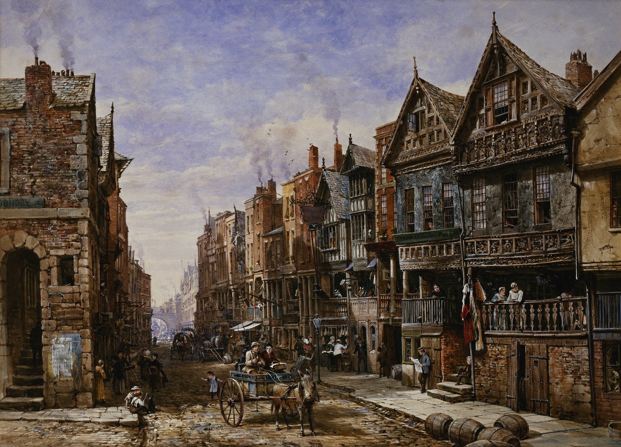 Chester: Watergate Street fra hjørnet av Crook Street, med Eastgate Beyond, av Louise Ingram Rayner