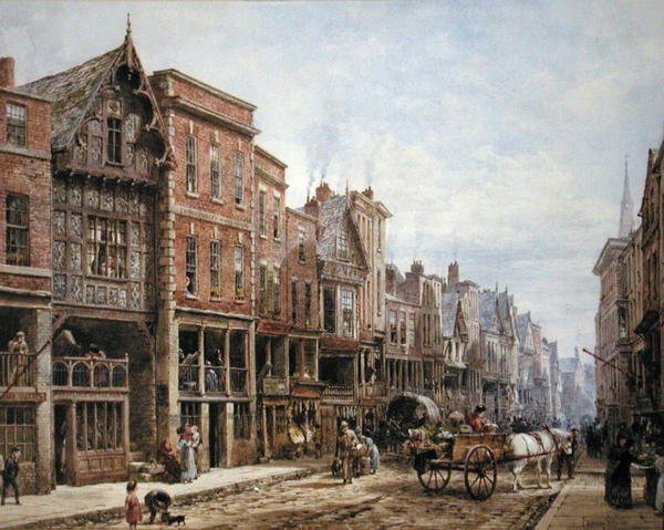 Watergate Street, Chester (akvarell med kroppsfarge på papir) av Louise Ingram Rayner