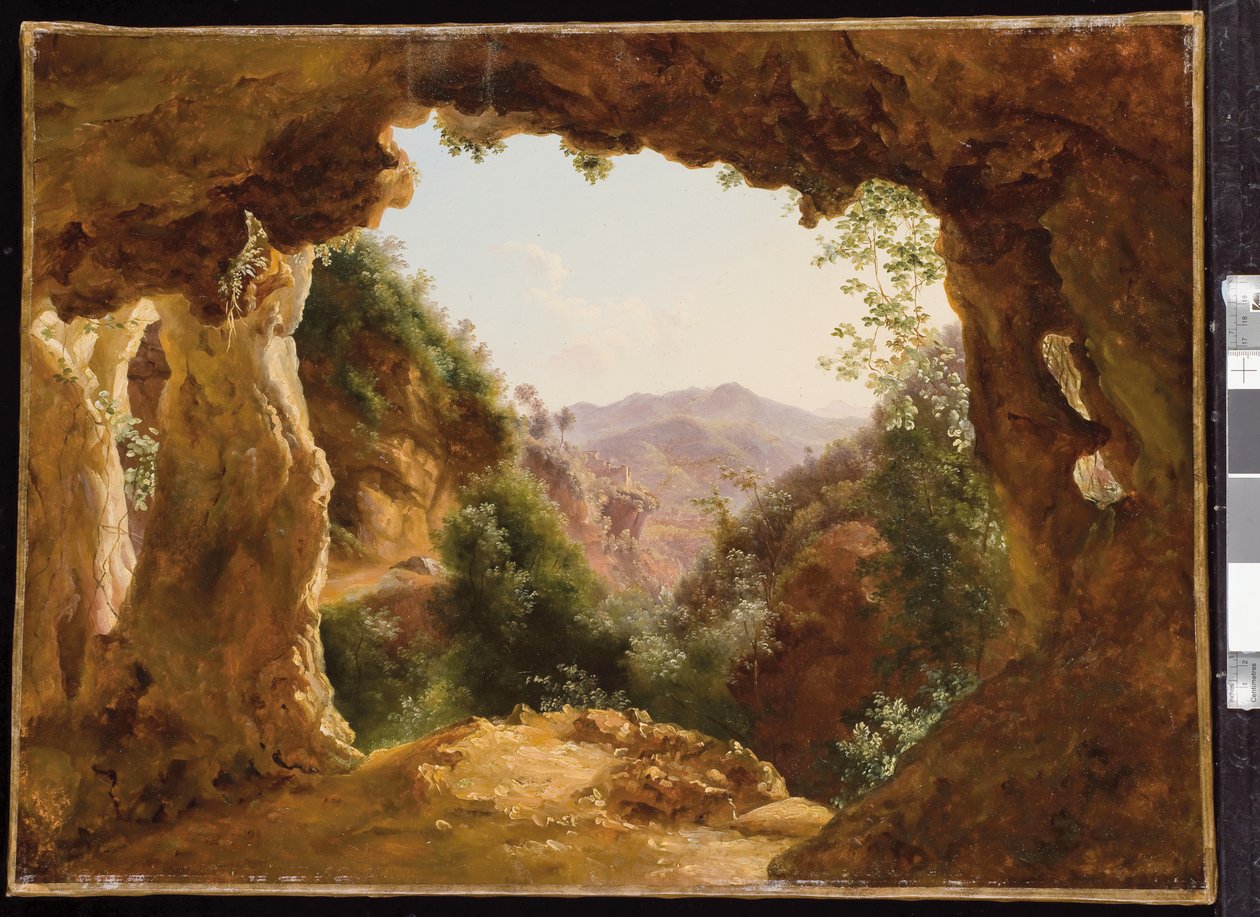 En hule i et steinete landskap (olje på papir montert på lerret) av Louise Josephine Sarazin de Belmont