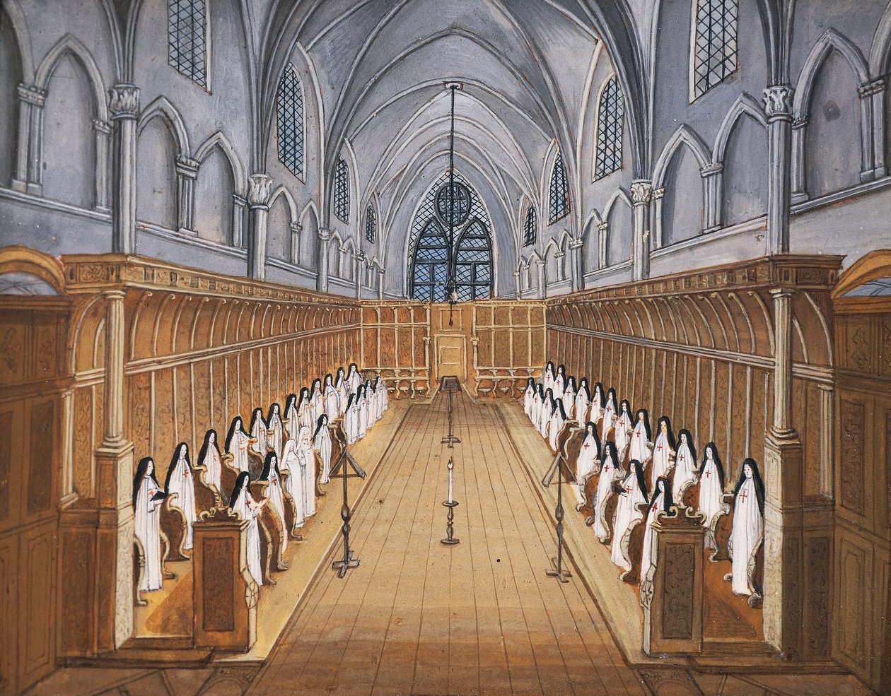 Port-Royal des Champs Abbey, kor av nonner i kirken (tegning) av Louise Magdeleine Hortemels