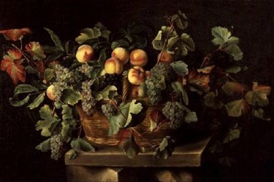 Stilleben med fersken og druer av Louise Moillon